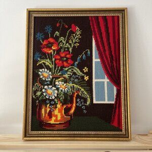 VTG Golden Framed Needlepoint Wall Art Picture Flowers In Tea pot 18*” x 14”